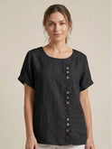 Lumina Wear Grace relaxed linen blouse with button detail in army green, featuring a casual, comfortable fit and stylish design.