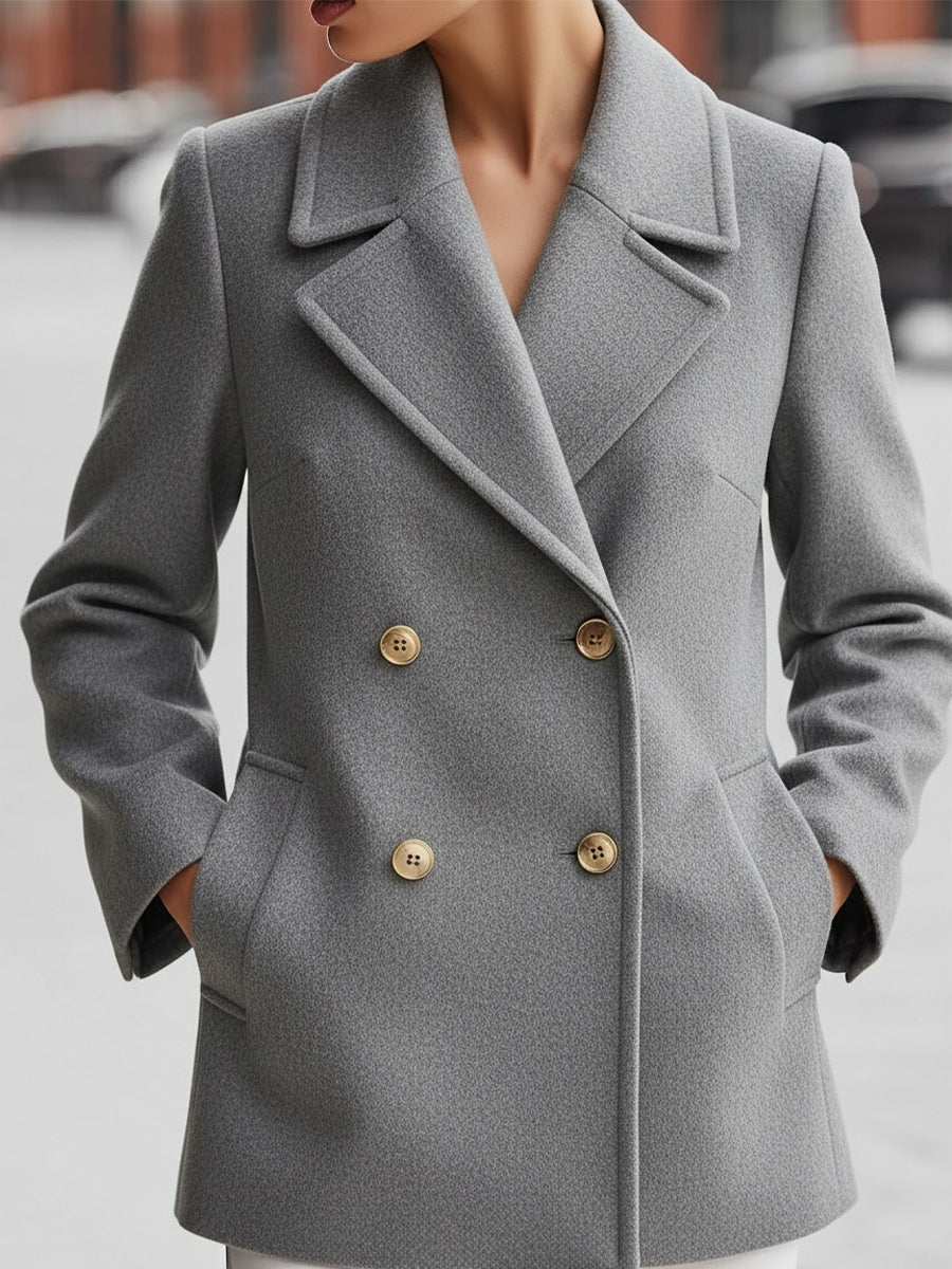 Grey double-breasted wool blend blazer by Lumina Wear, shown on a model, featuring tailored fit and classic lapels.