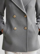 Grey double-breasted wool blend blazer by Lumina Wear, tailored fit with classic lapels and structured design.