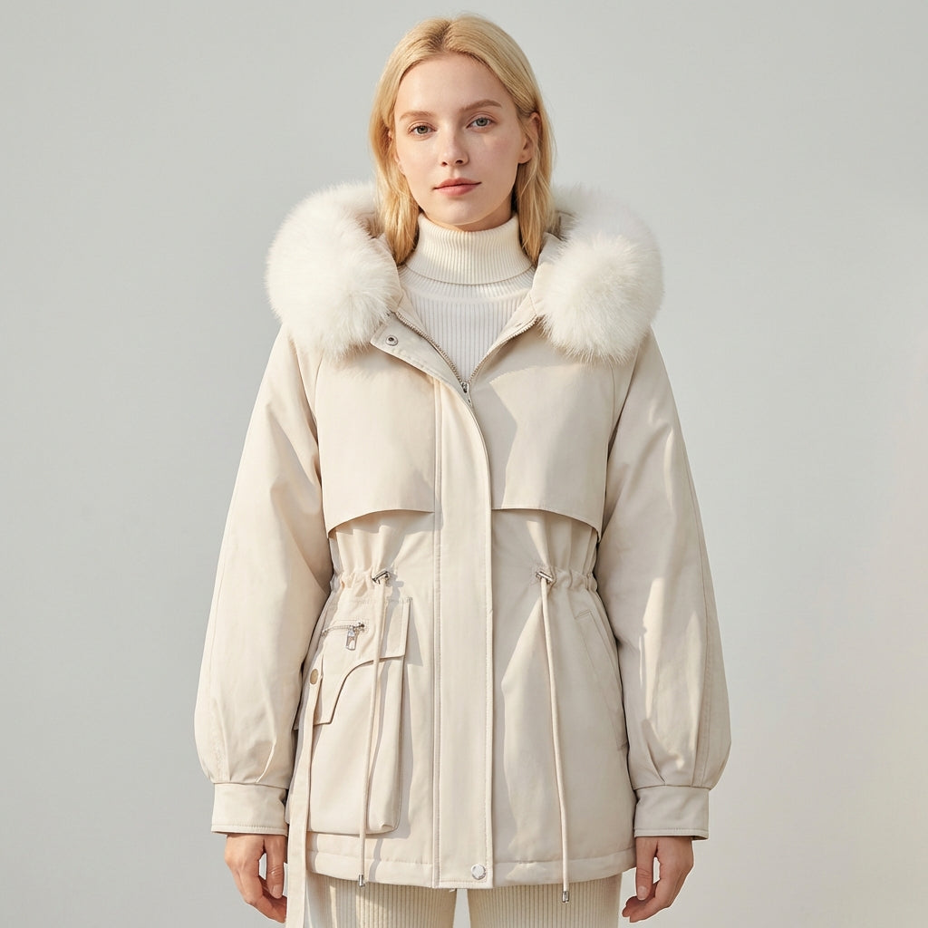 Beige Hailey Lumina Wear cozy faux-fur trimmed utility parka jacket with hood and multiple pockets, perfect for cold weather.