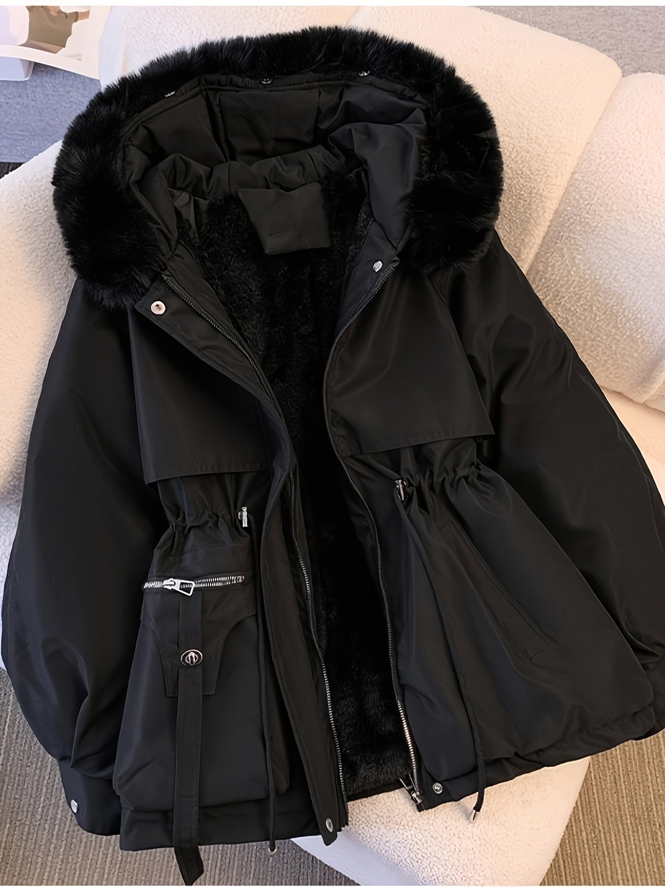 Beige Hailey Lumina Wear utility parka jacket with cozy faux-fur trim, featuring a warm, stylish winter coat for women.