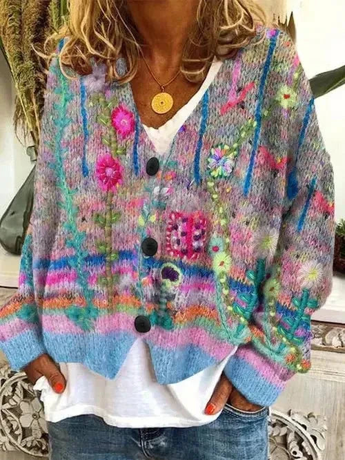 Blue Hailey retro faux wool cardigan sweater by Lumina Wear, featuring a classic knit design and cozy fit.