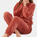 Lumina Wear Hailey ultra-soft fleece lounge set in brown, relaxed fit loungewear with cozy, comfortable fabric for relaxing at home.
