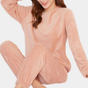 Lumina Wear Hailey ultra-soft fleece lounge set in brown with relaxed fit, perfect for cozy loungewear comfort.