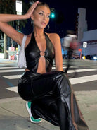 Black halter faux leather backless corset tank with metal ring hollow-out design by Lumina Vancouver, stylish and edgy women's tank top.