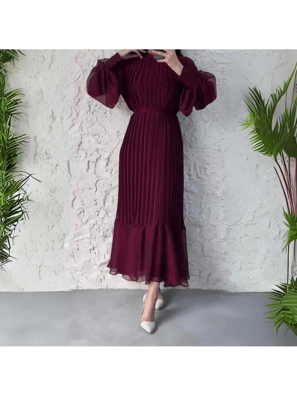 Blue Hannah™ pleated elegant dress by Lumina Vancouver, stylish and flowing, perfect for formal occasions.