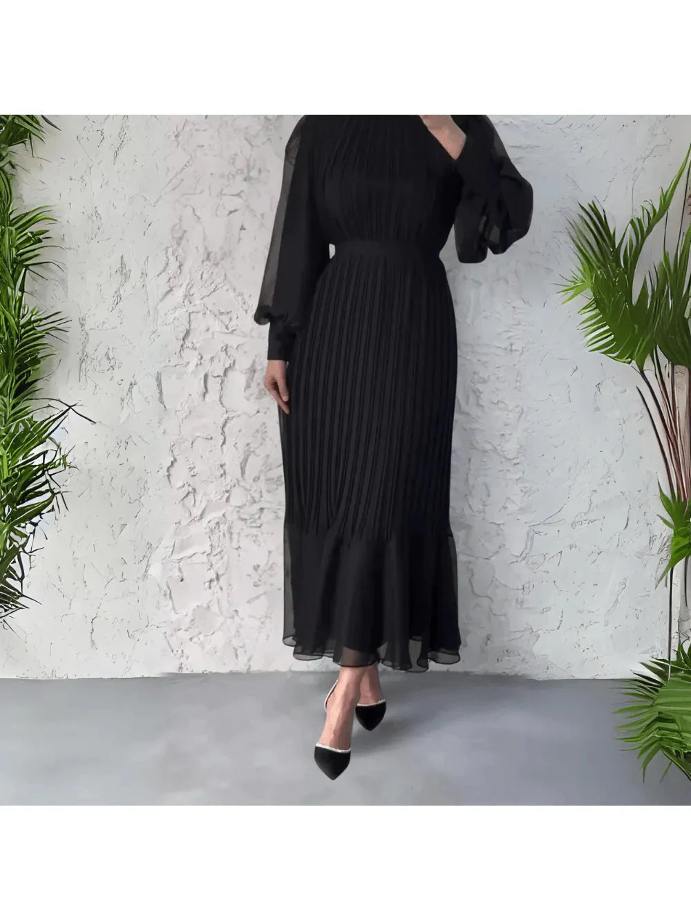 Blue Hannah™ pleated elegant dress by Lumina Vancouver, featuring flowing fabric and sophisticated design.