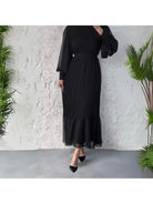 Blue Hannah™ pleated elegant dress by Lumina Vancouver, showcasing a stylish, flowing design perfect for special occasions.