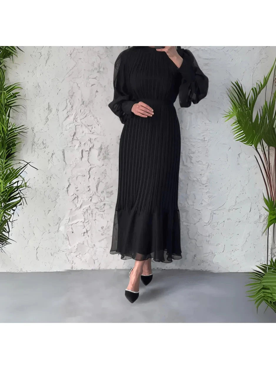 Blue Hannah™ pleated elegant dress by Lumina Vancouver, featuring a sophisticated design, perfect for formal occasions.