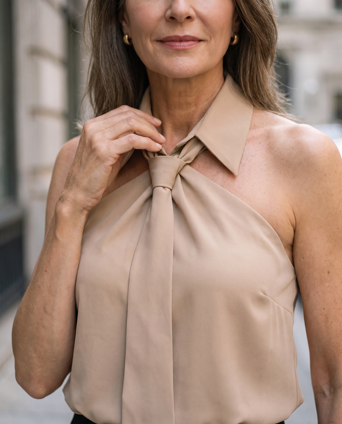 Lumina Wear Luna sleeveless halter blouse with neck tie, featuring a stylish and elegant design perfect for casual or dressy occasions.