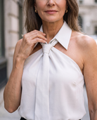 Luna sleeveless halter blouse with neck tie from Lumina Wear, featuring a stylish, lightweight fabric and modern design.