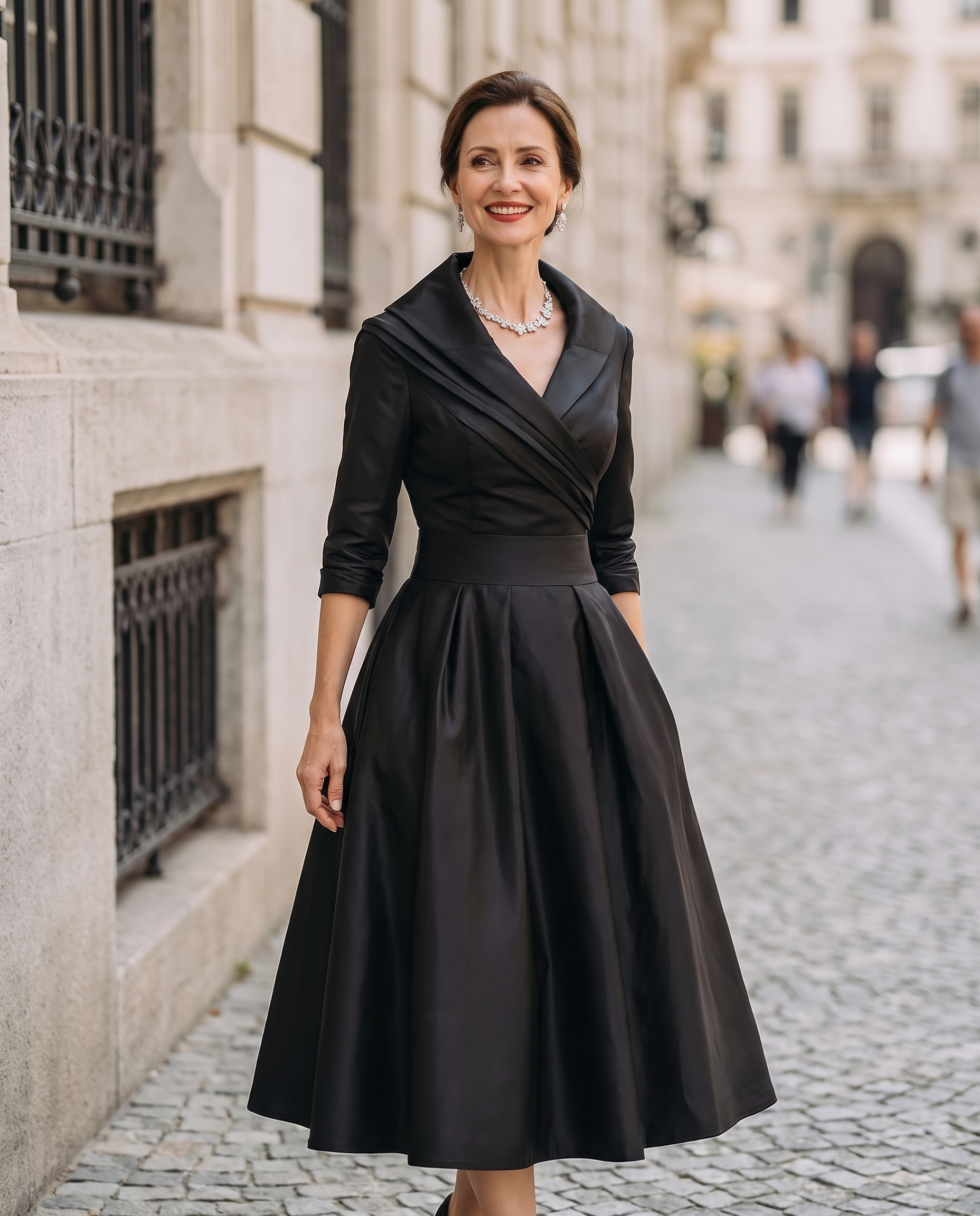 Vintage Aurora Lumina Wear midi dress featuring a flowing fabric, floral pattern, and elegant neckline in a stylish, classic design.