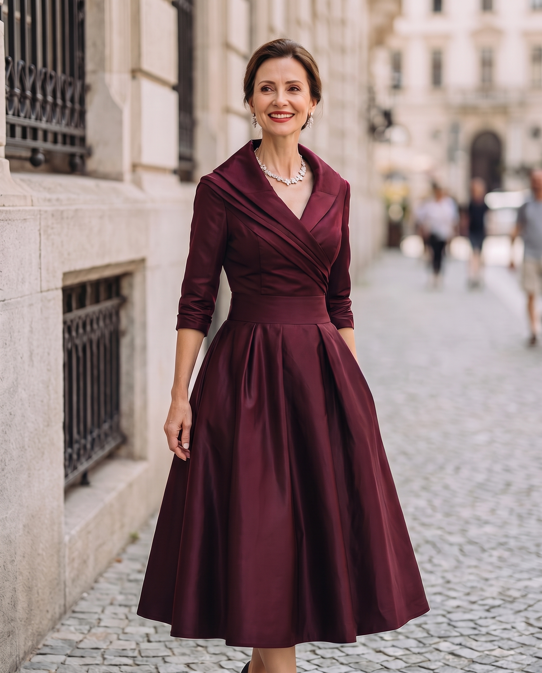 Lumina Wear Aurora vintage midi dress with floral pattern, fitted waist, and elegant neckline, perfect for stylish occasions.