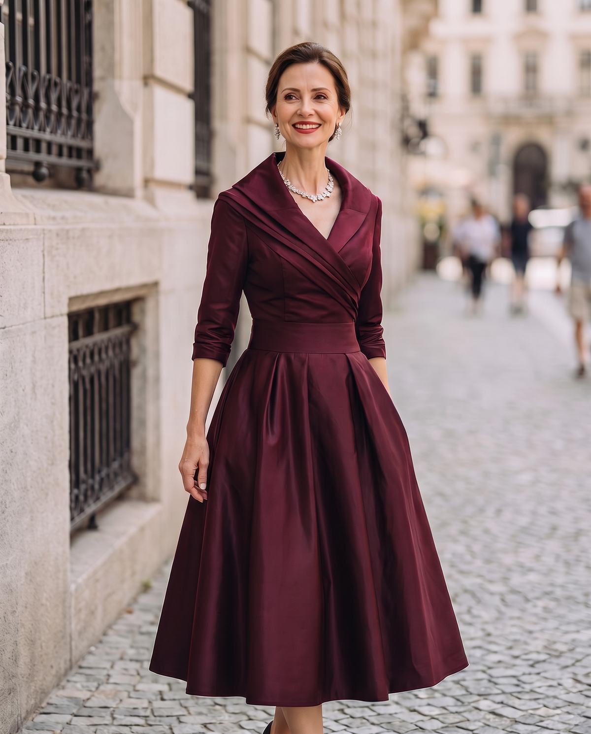 Lumina Wear Aurora vintage midi dress with floral pattern, fitted waist, and elegant neckline, perfect for stylish occasions.