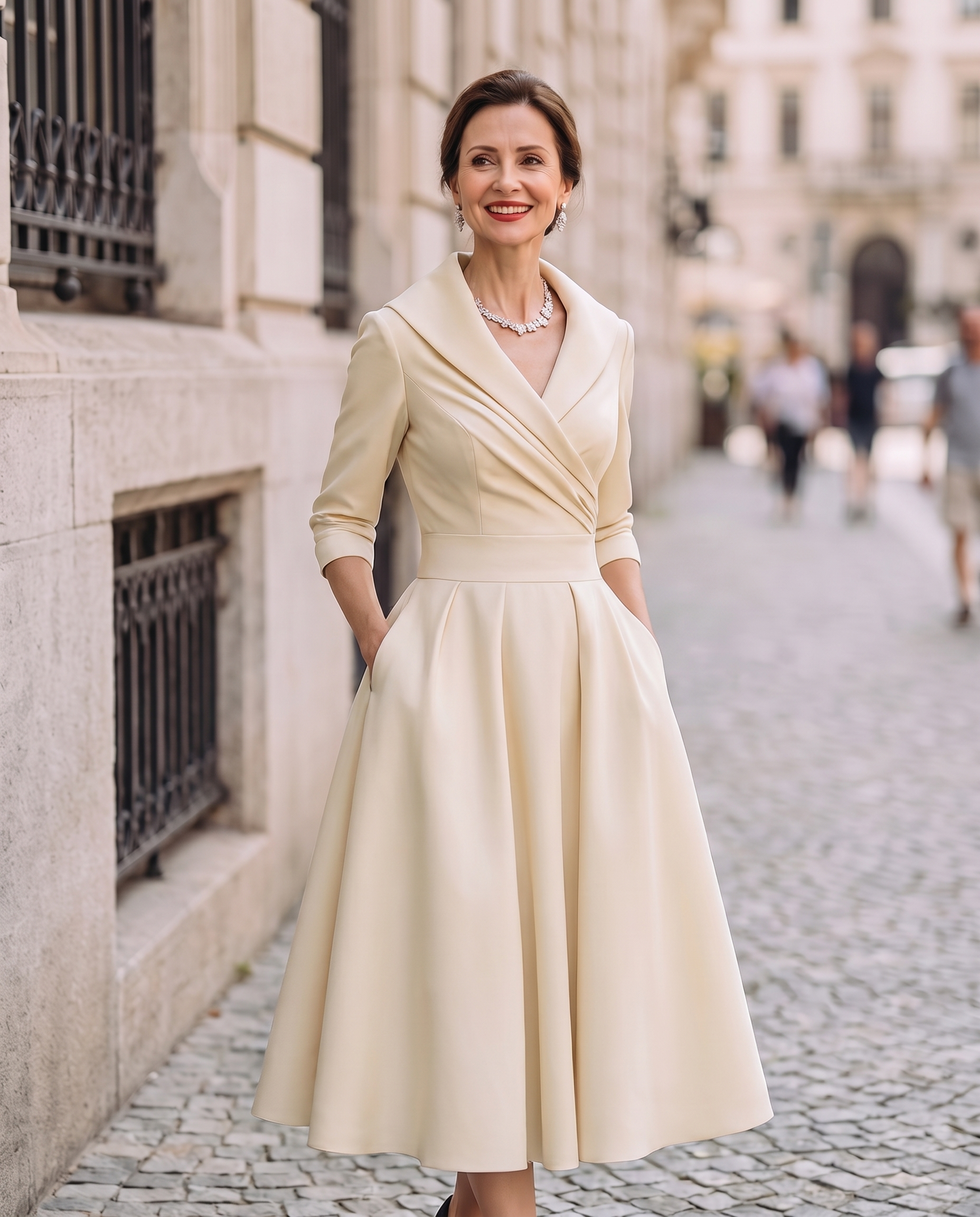 Vintage Aurora Midi Dress by Lumina Wear displayed on a hanger, featuring a flowing fabric and elegant design.