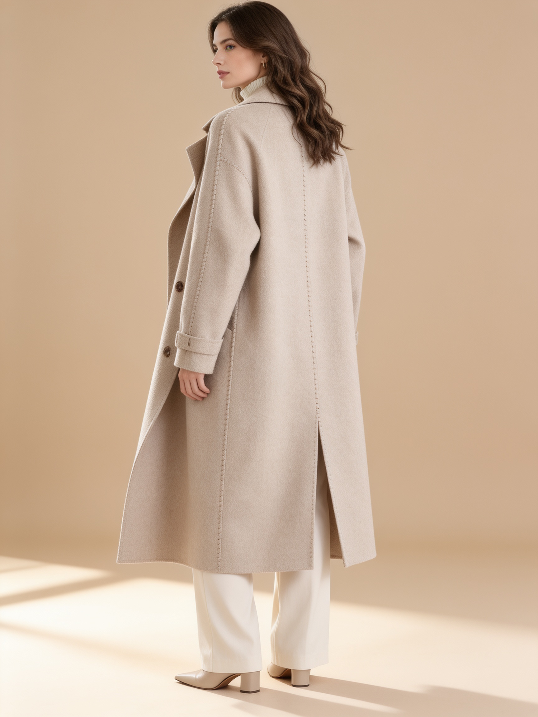 Sophie elegant long coat for women by Lumina Wear, featuring a refined full-length silhouette