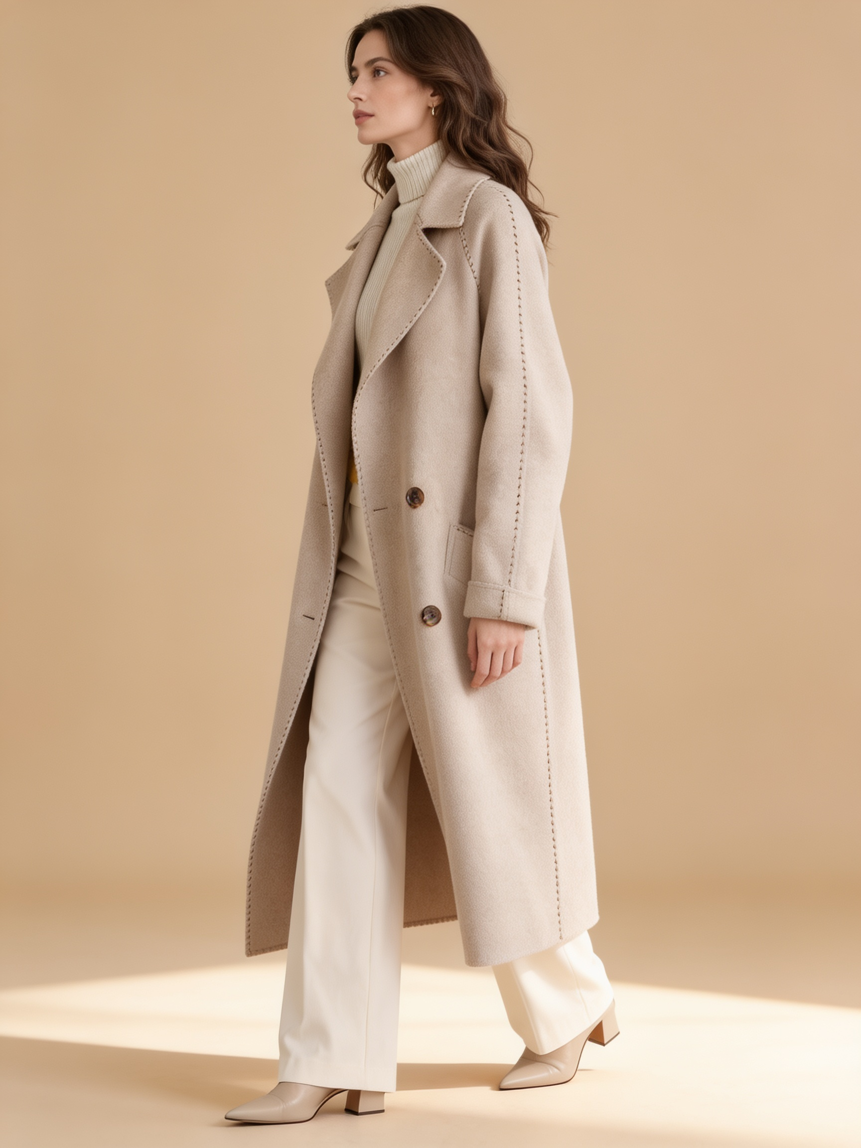 Sophie elegant long coat for women by Lumina Wear, full-length view