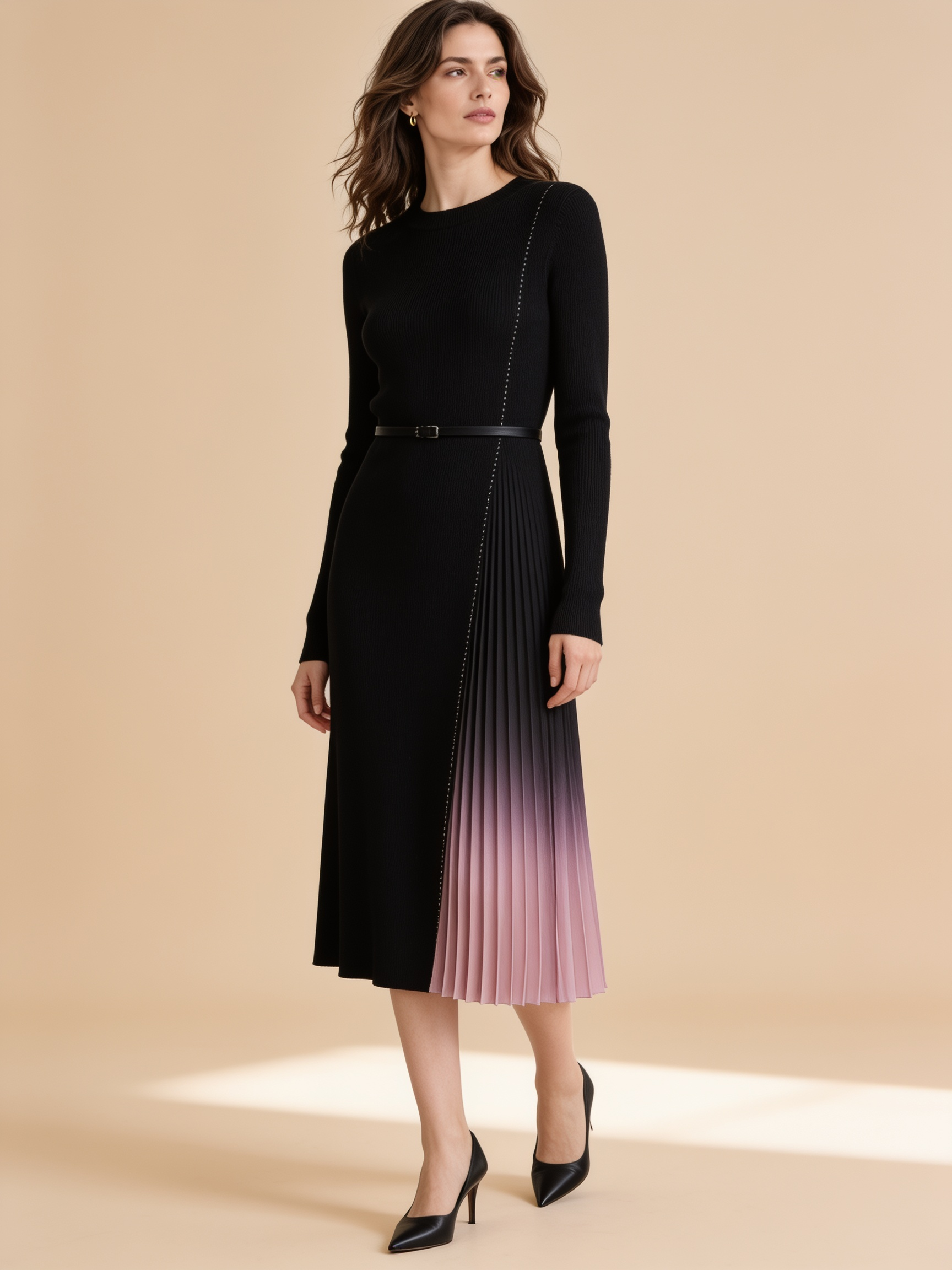 Lumina Wear Giulia gradient pleated splicing belted knit dress in a flowing silhouette