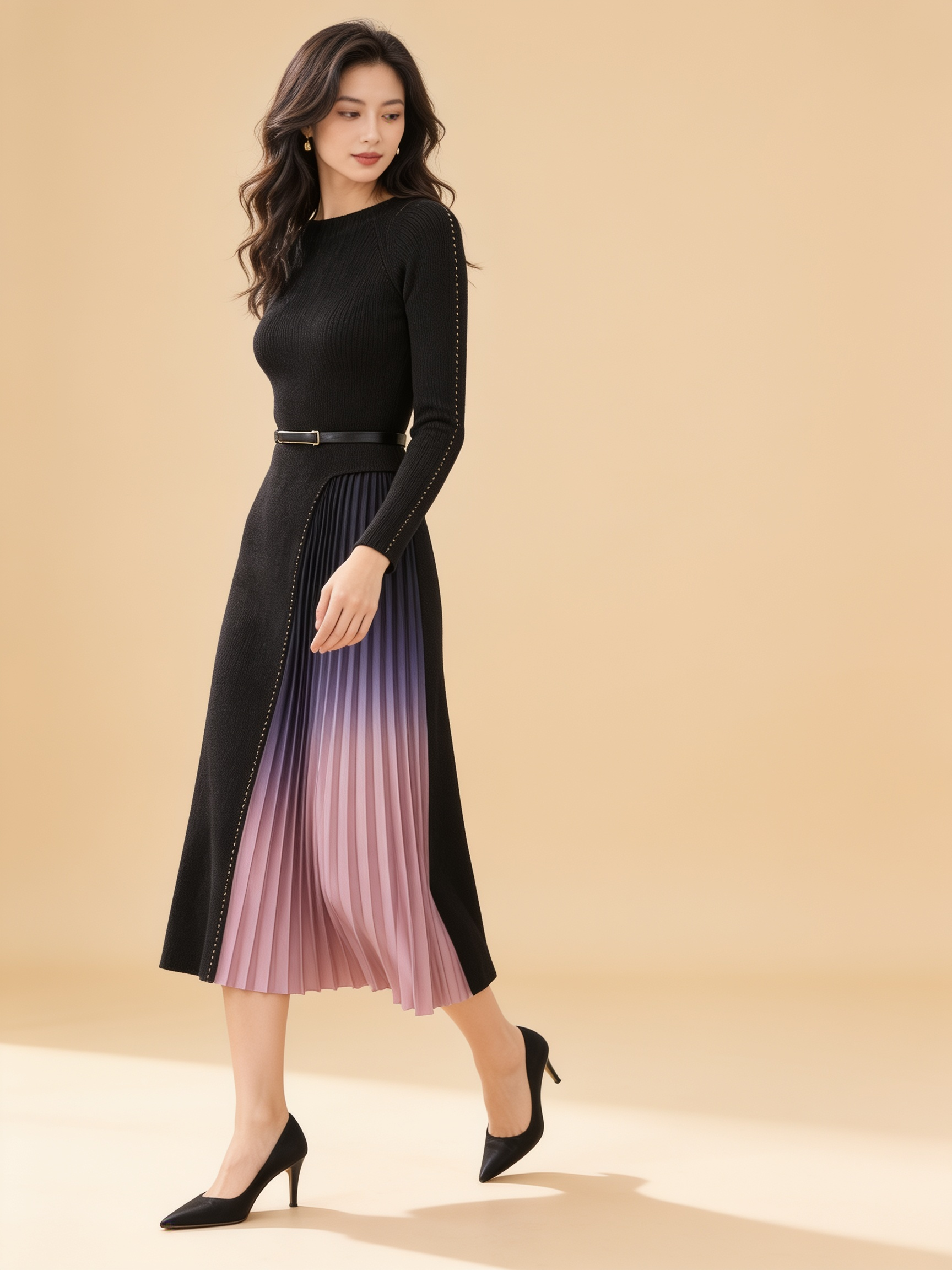 Lumina Wear Giulia gradient pleated splicing belted knit dress in a flowing silhouette
