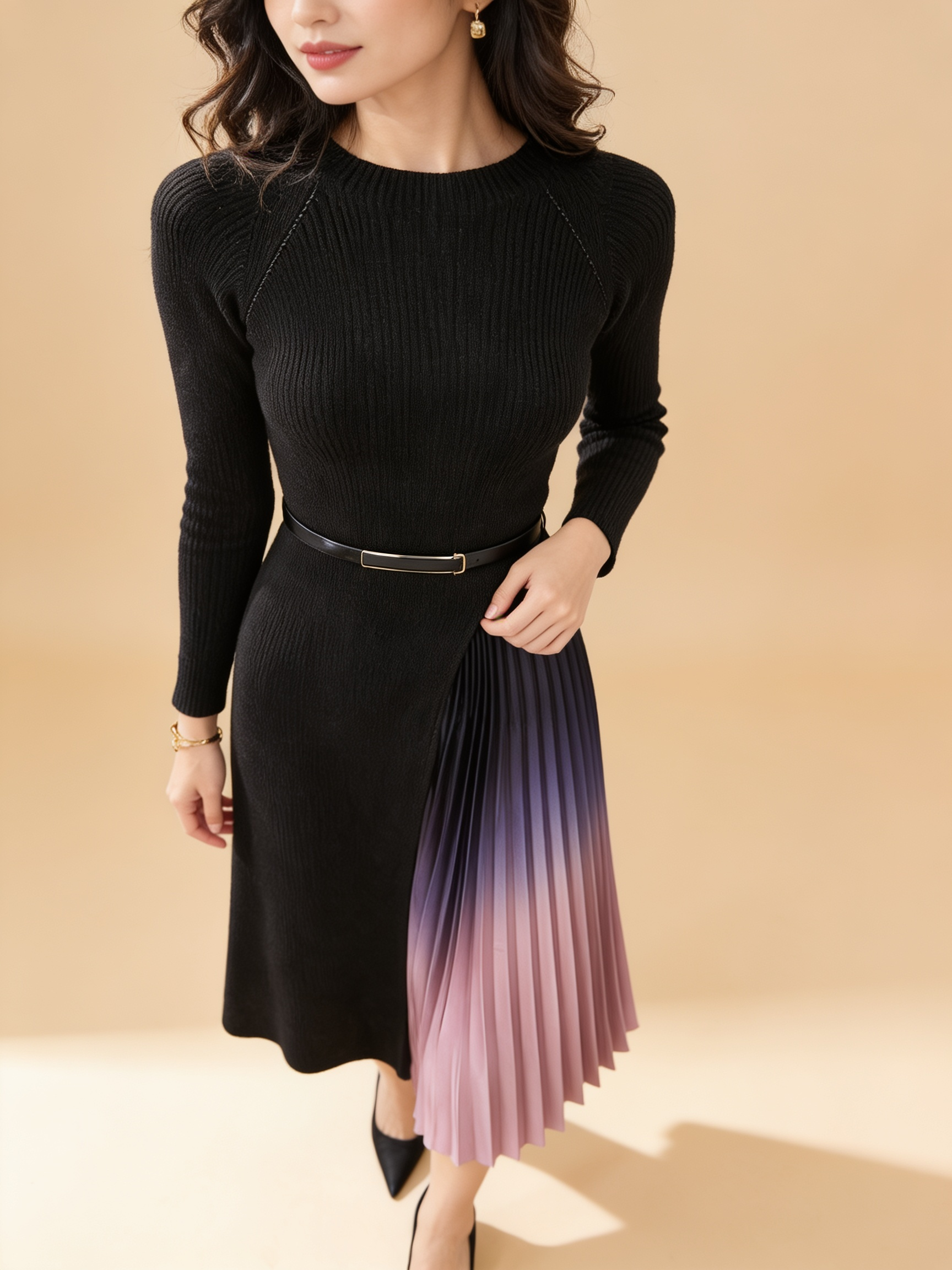 Lumina Wear Giulia gradient pleated splicing belted knit dress
