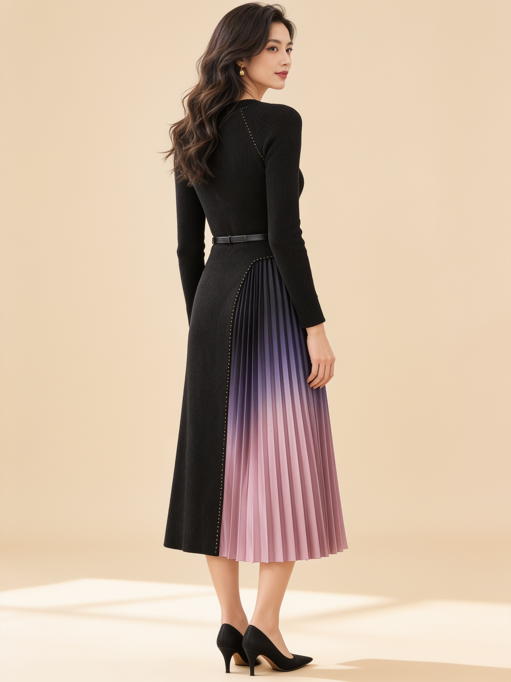 Lumina Wear Giulia gradient pleated splicing belted knit dress in a flowing silhouette