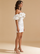 Lumina Wear Zaria satin off-shoulder mini dress in a sleek, elegant silhouette