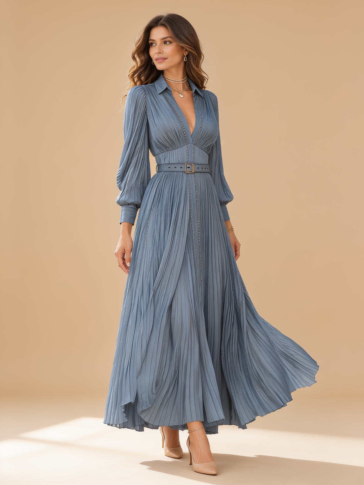 Lumina Wear Gwenna steel blue pleated maxi dress with flowing full-length silhouette