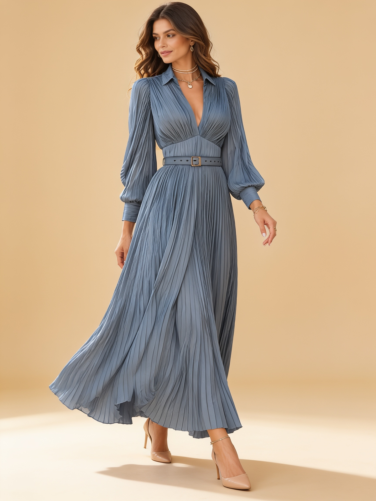 Gwenna steel blue pleated maxi dress by Lumina Wear in full-length flowing silhouette