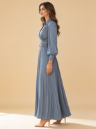 Lumina Wear Gwenna steel blue pleated maxi dress with flowing full-length silhouette