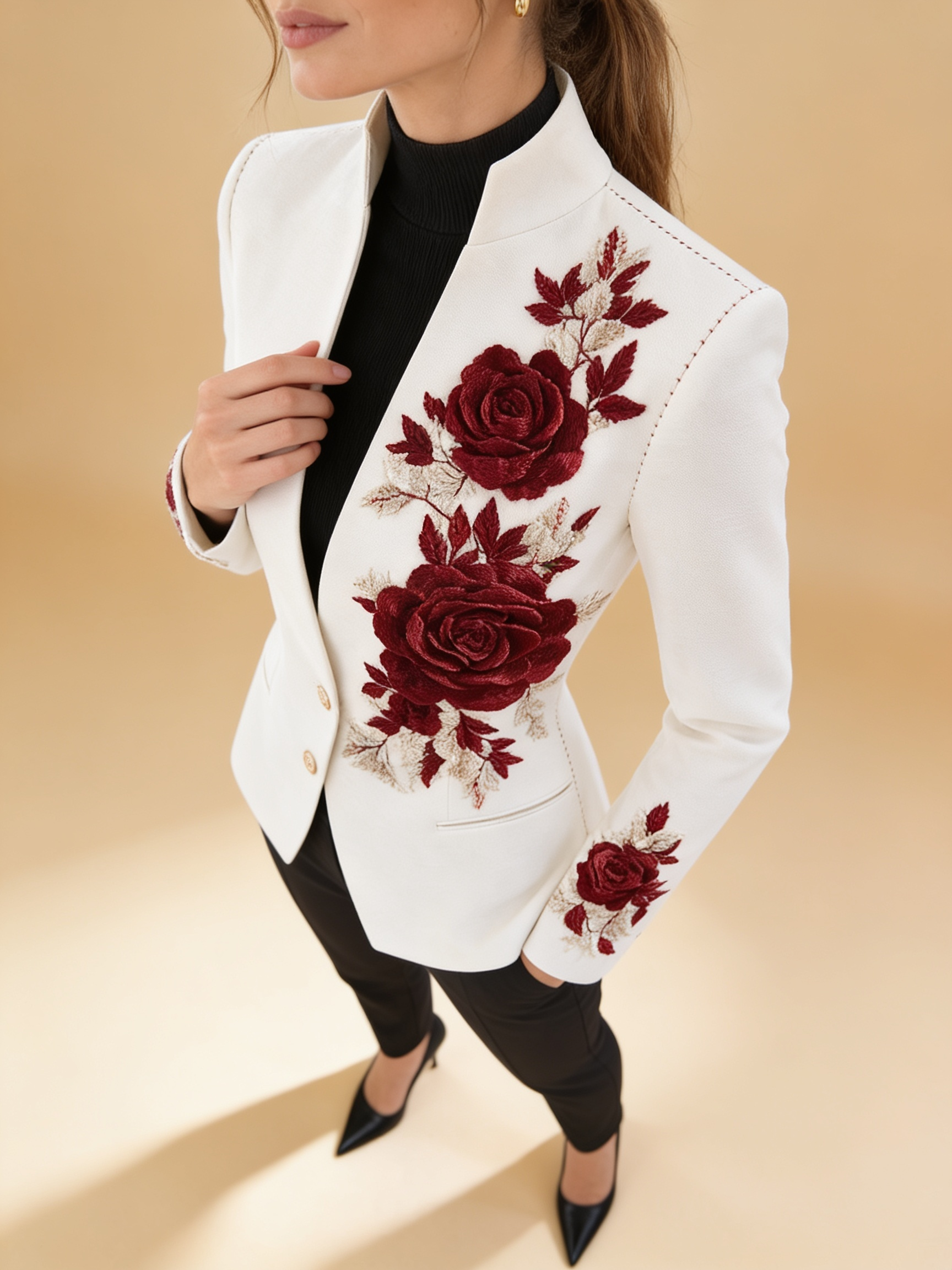 Lumina Wear Paulette embroidered white blazer with detailed stitching and structured lapels