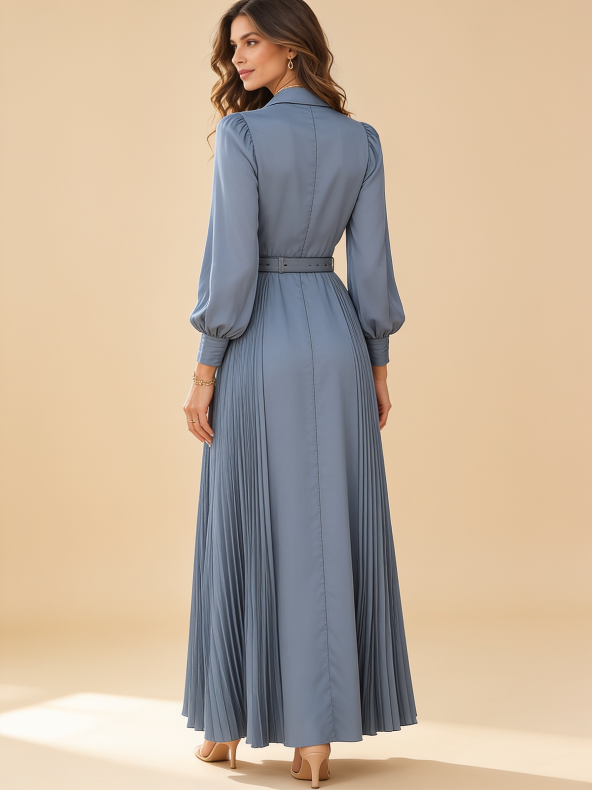 Lumina Wear Gwenna steel blue pleated maxi dress with long flowing silhouette