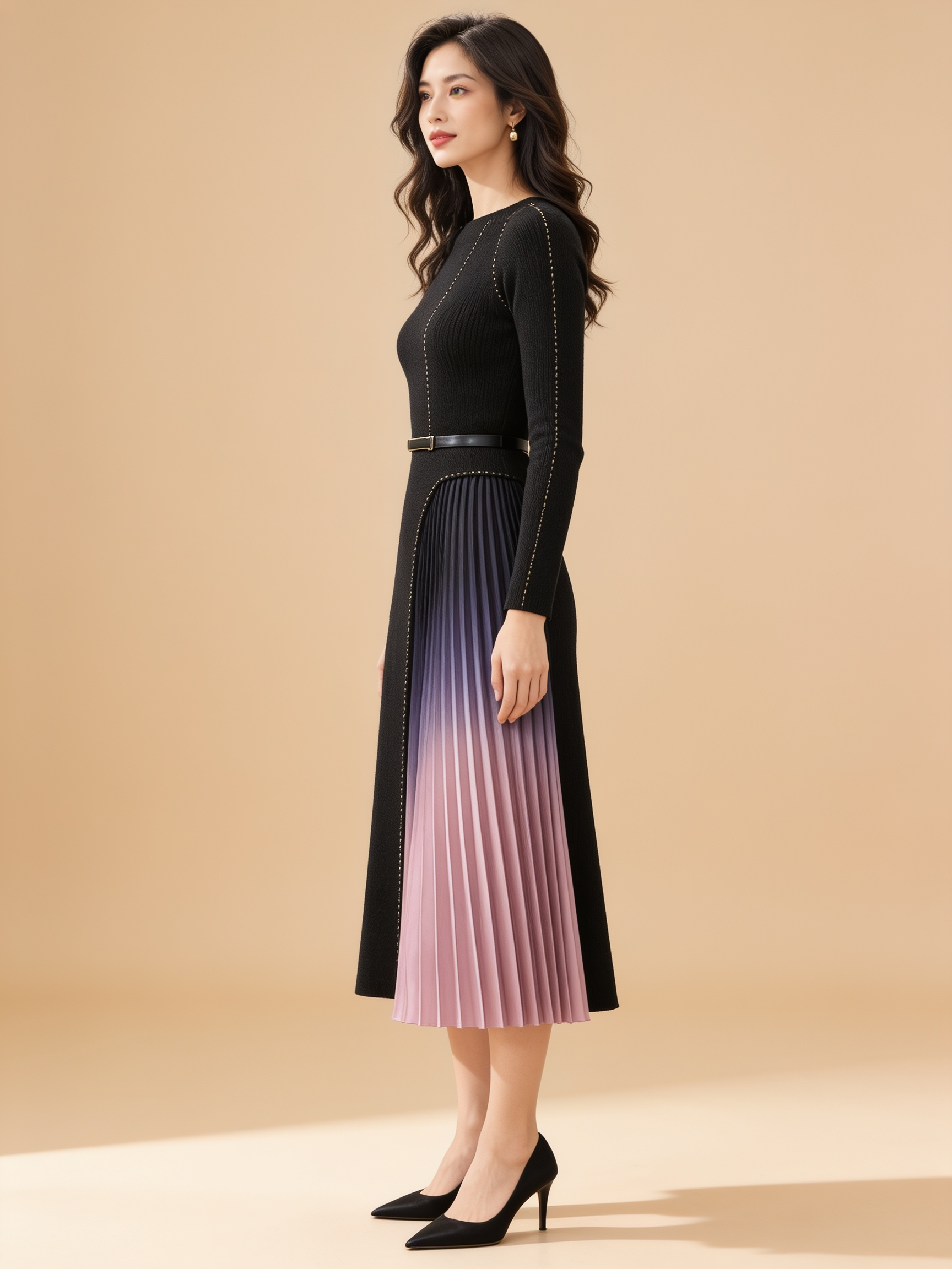 Lumina Wear Giulia gradient pleated splicing belted knit dress with long sleeves