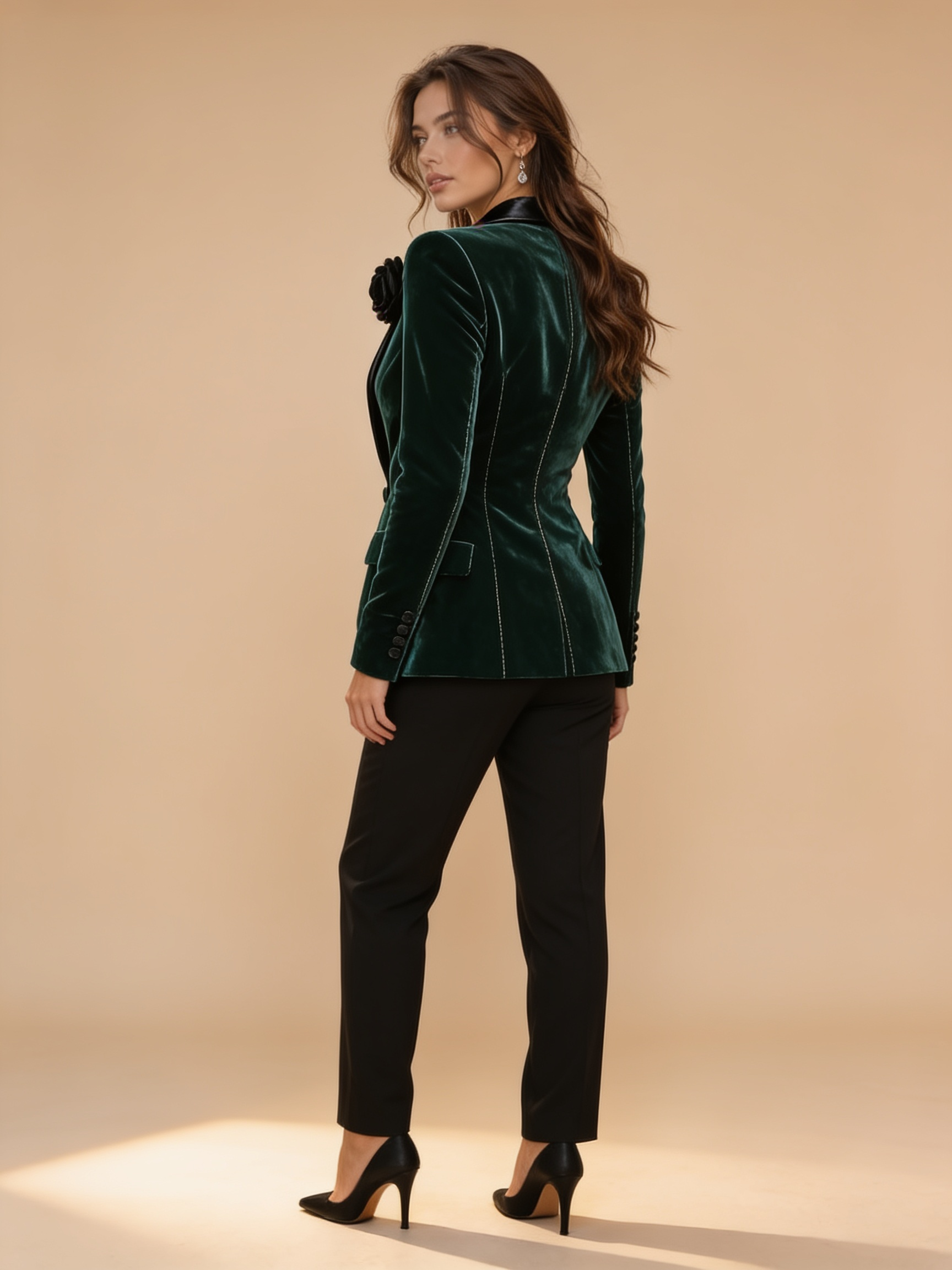 Lumina Wear velvet blazer with satin lapels and black rose detail