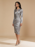 Lumina Wear Gwendolyn satin drape midi dress with keyhole neckline in a flowing silhouette