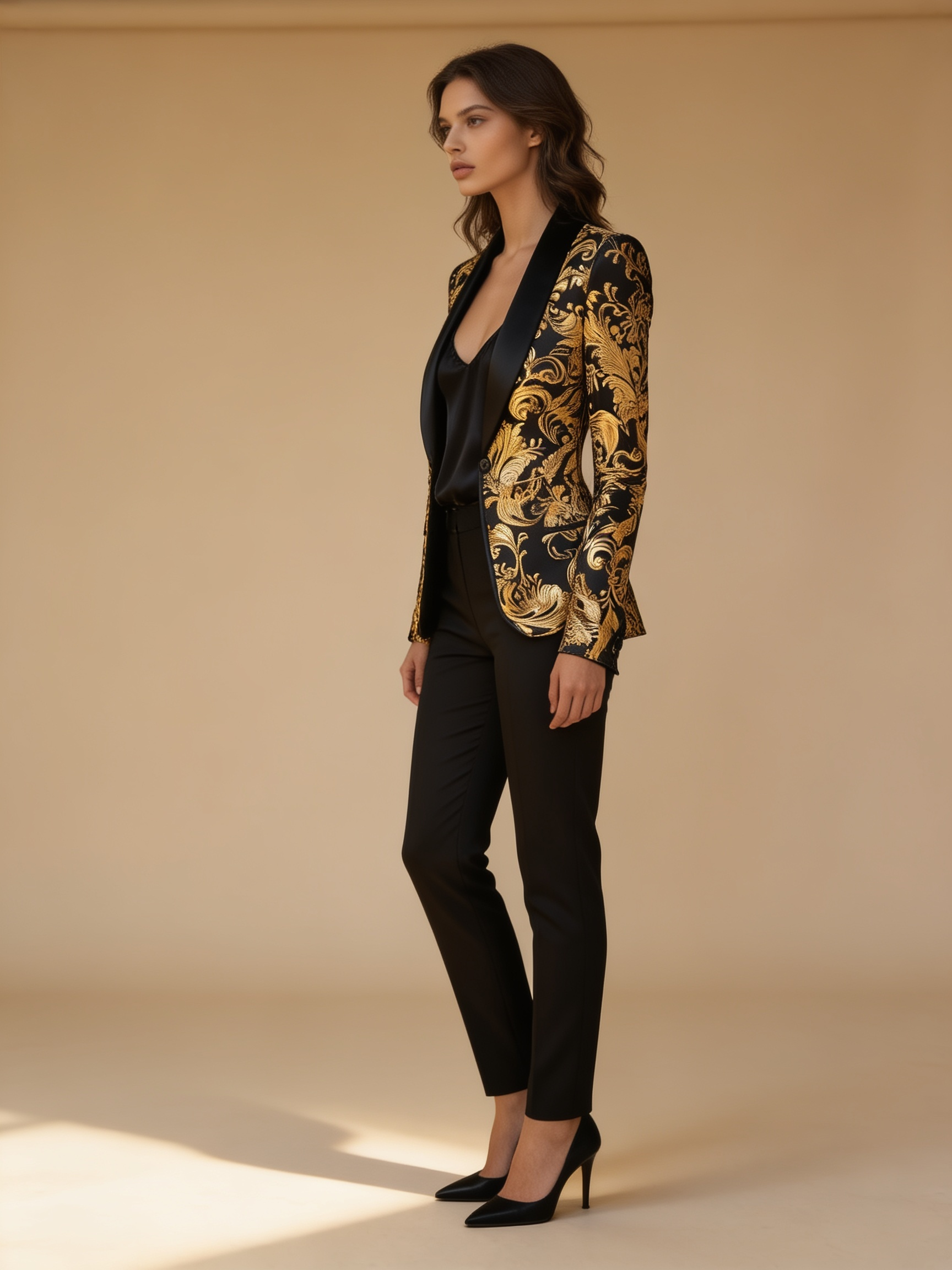 Genevieve black gold baroque satin tuxedo blazer by Lumina Wear