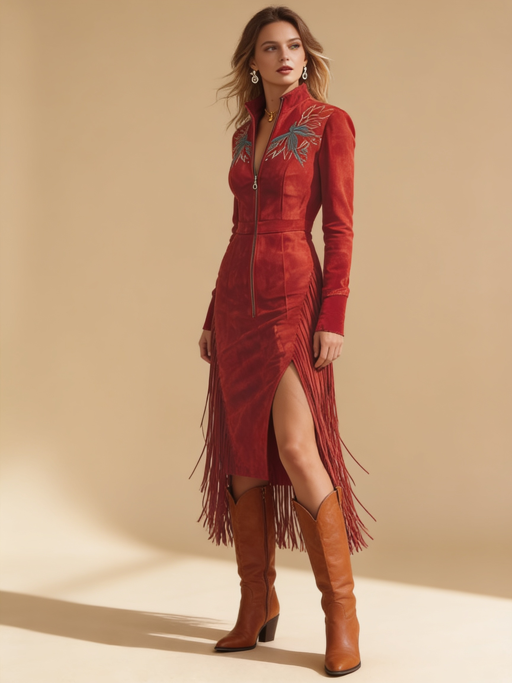 Lumina Wear Vivienne vintage embroidered red midi dress with fringed hem