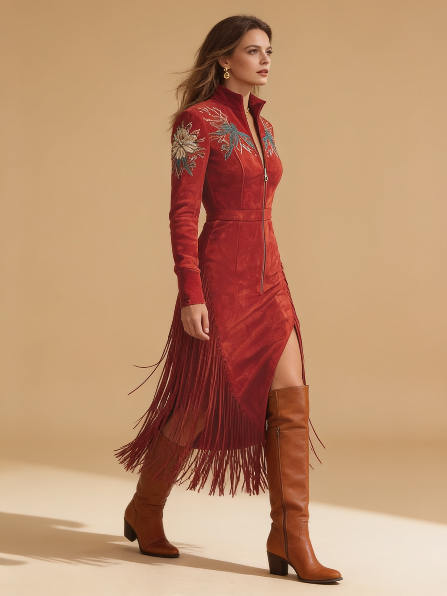 Lumina Wear vintage embroidered red midi dress with fringed hem