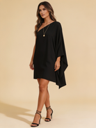 Lumina Wear Eclipse Nightfall one-shoulder draped mini dress in a sleek dark finish