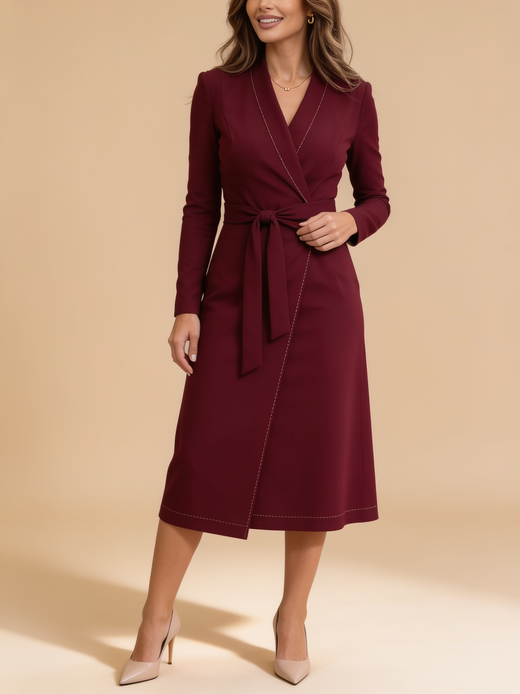 Lumina Wear burgundy wrap style midi dress with V-neckline and long sleeves