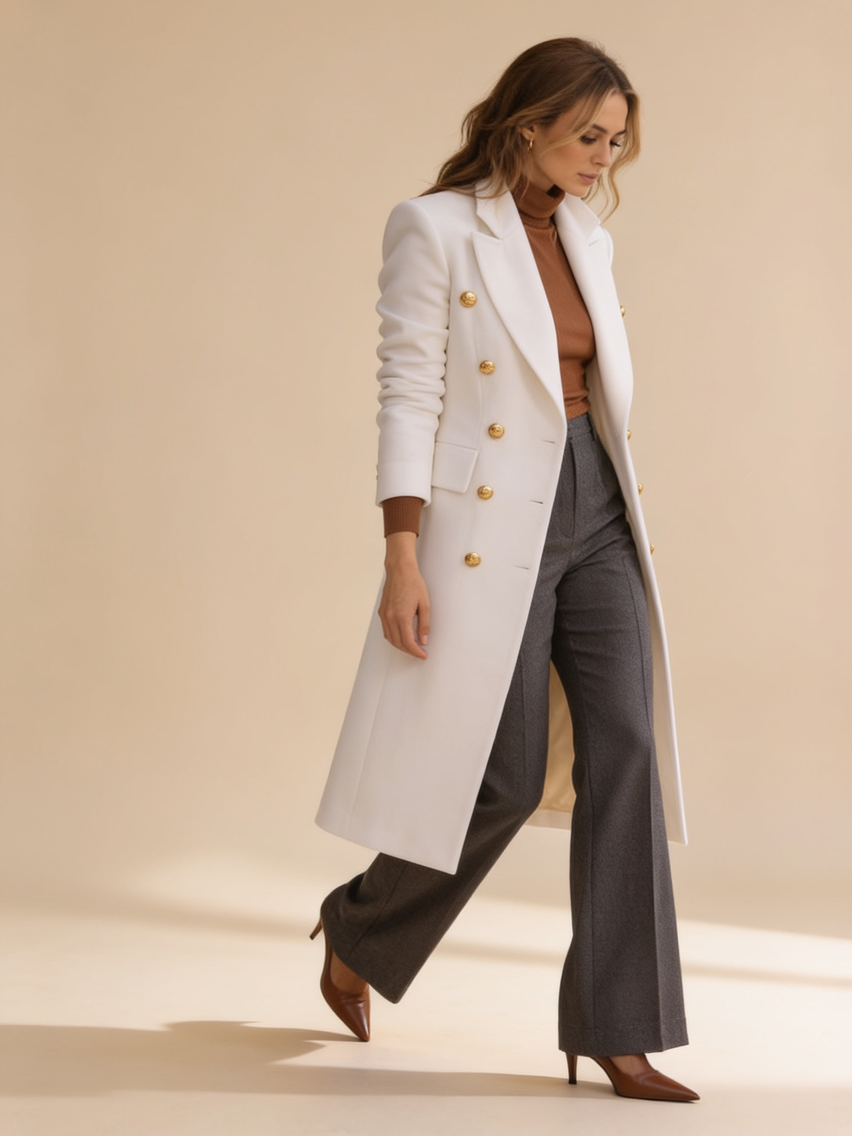 Lumina Wear Elena Luxe double-breasted peak lapel longline coat in a structured silhouette