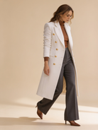 Lumina Wear Elena Luxe double-breasted peak lapel longline coat in a structured silhouette