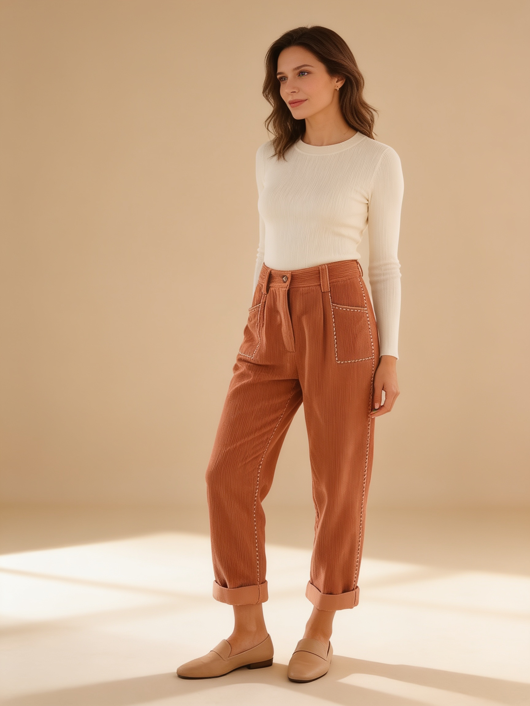 Lumina Wear Isabella chic corduroy trousers with flattering fit, front view
