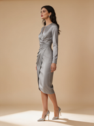 Lumina Wear Gwendolyn satin drape midi dress with keyhole detail in a flowing silhouette