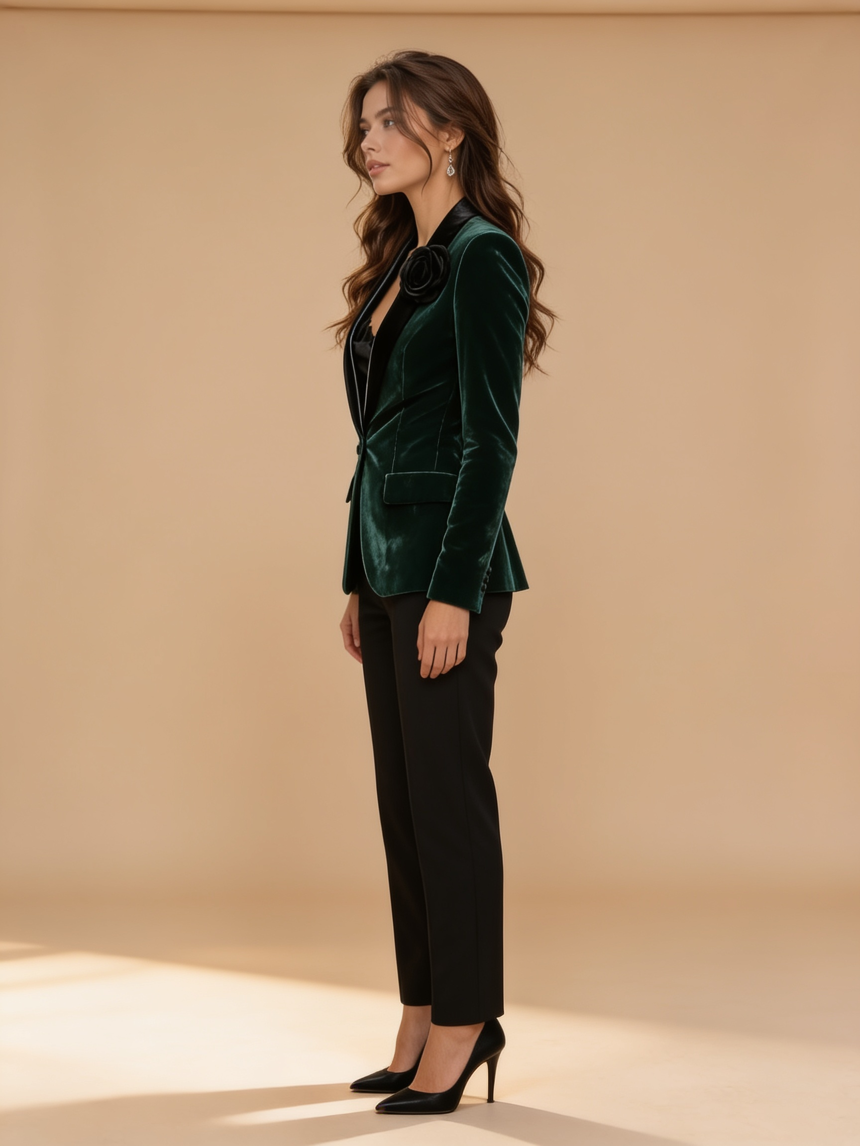 Lumina Wear velvet blazer with satin lapels and black rose detail