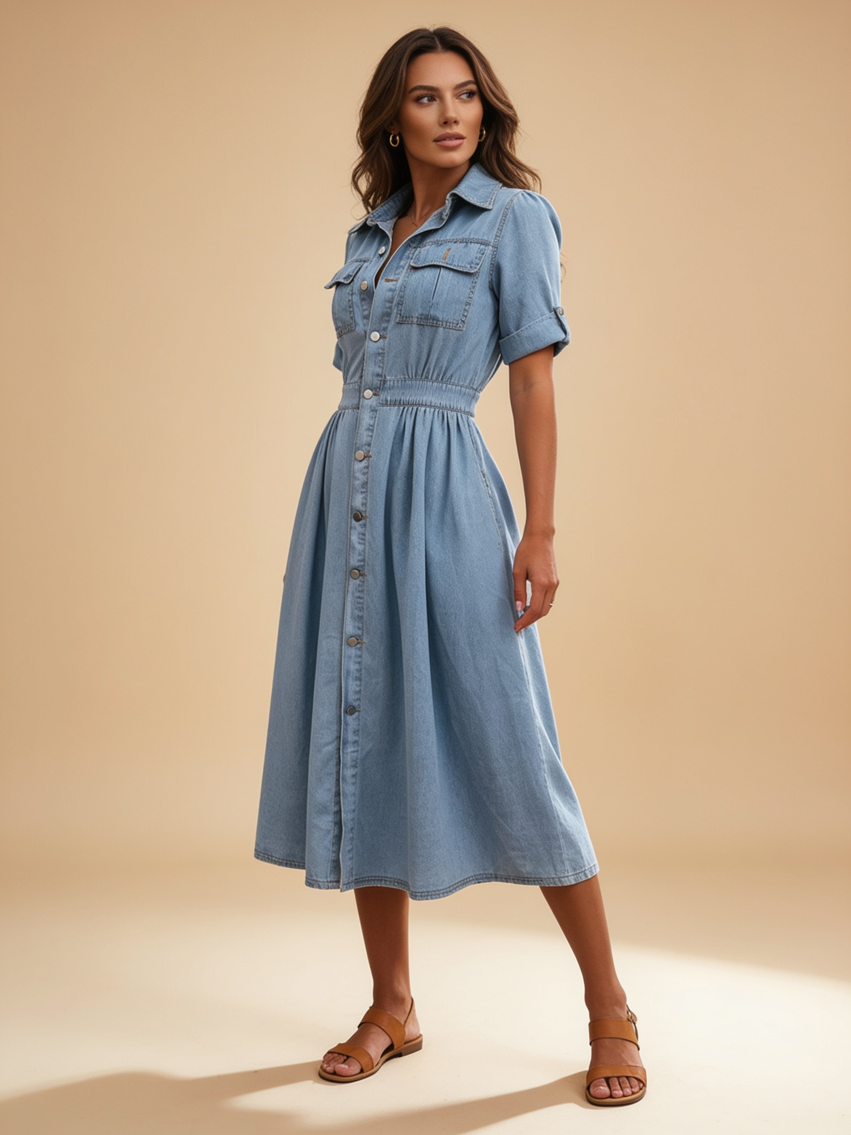 Lumina Wear Isabelle belted denim shirt maxi dress in blue denim, shown with long sleeves and collared neckline
