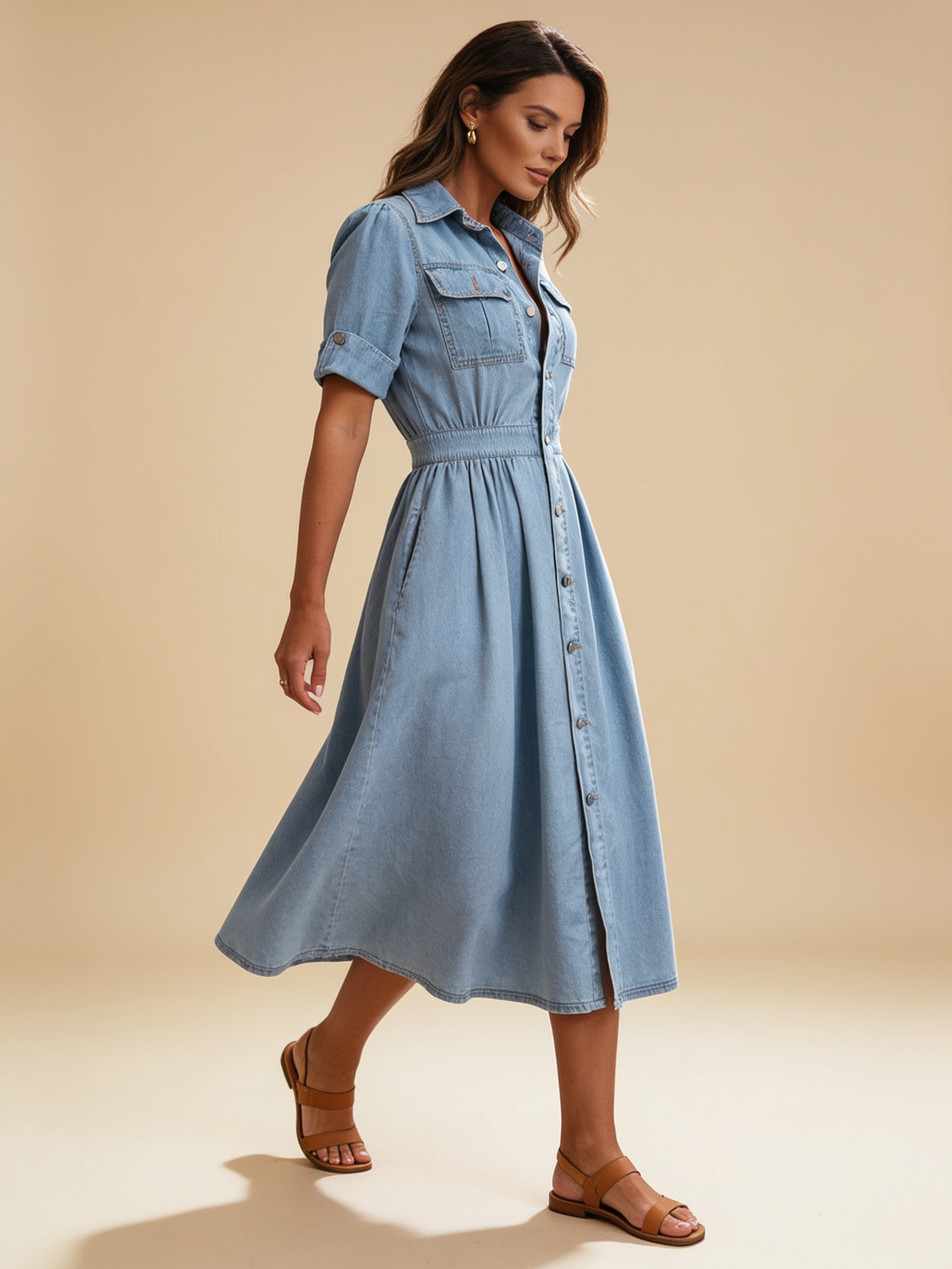 Lumina Wear Isabelle belted denim shirt maxi dress with long sleeves and button front