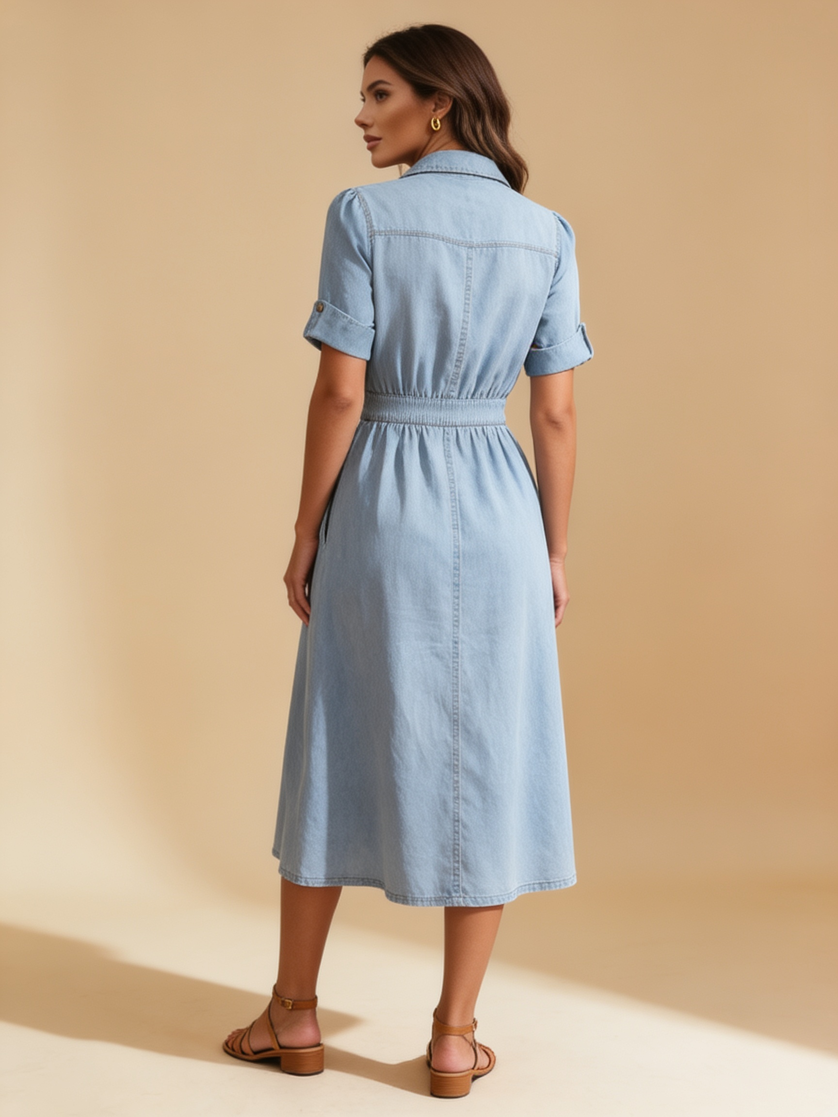 Lumina Wear Isabelle belted denim shirt maxi dress in blue with long sleeves and button front