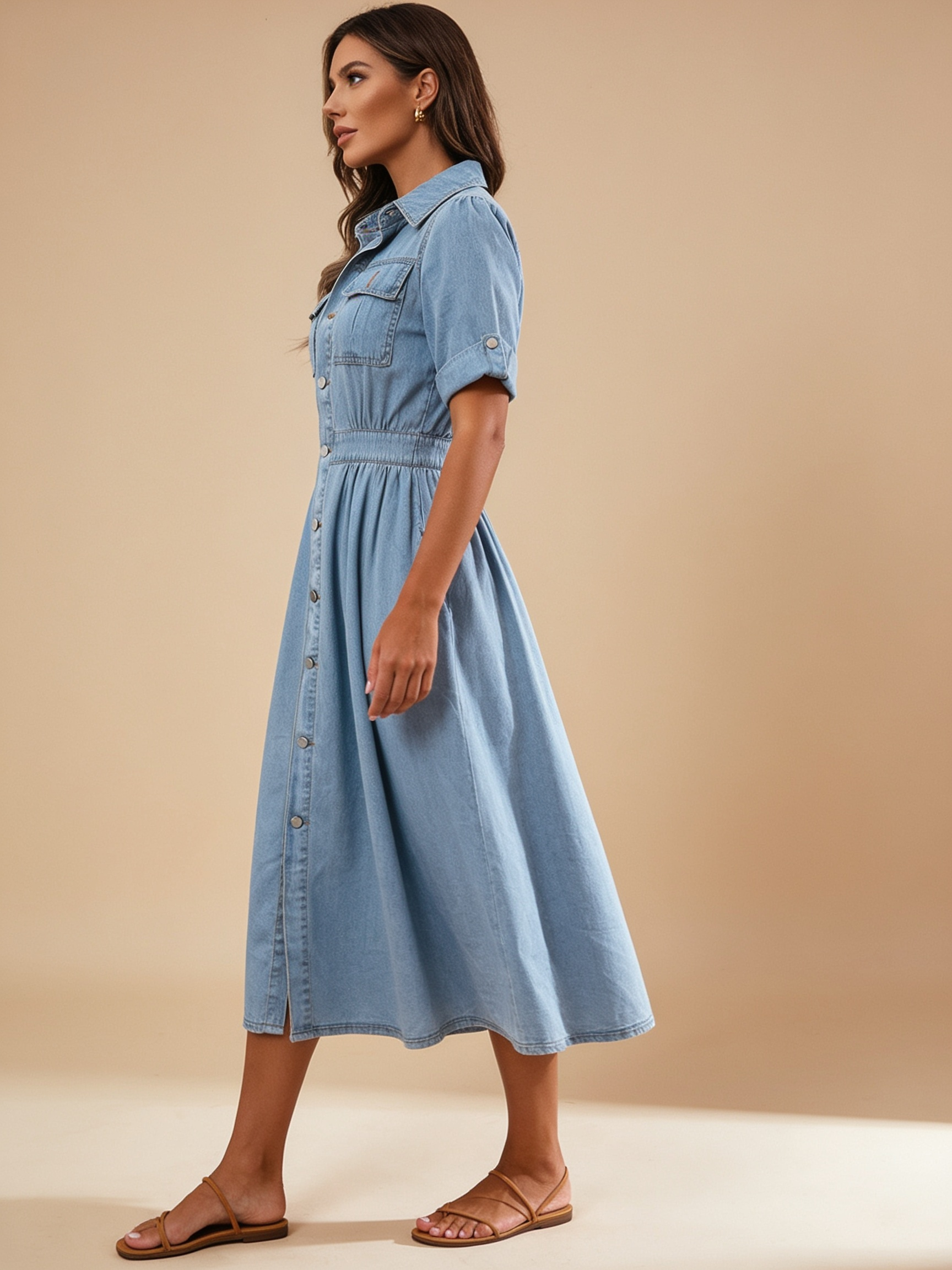 Lumina Wear Isabelle belted denim maxi shirt dress in blue, featuring long sleeves and a collared front
