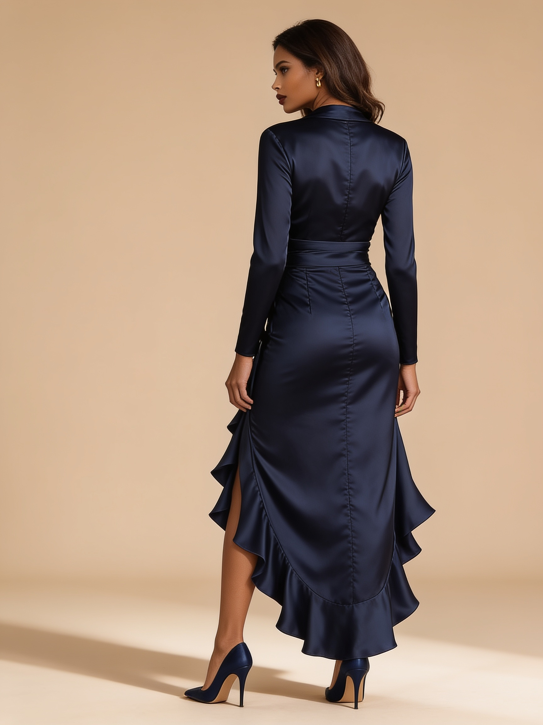 Lumina Wear Adriene satin maxi dress with elegant ruffle hem in a flowing silhouette