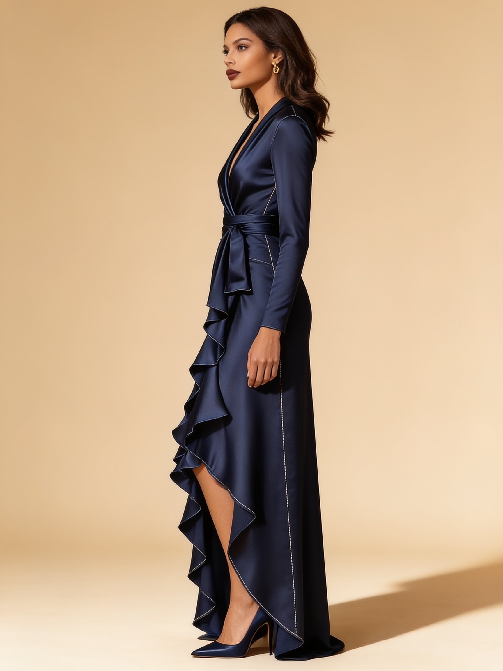 Lumina Wear Adriene satin maxi dress with elegant ruffle hem in a flowing silhouette